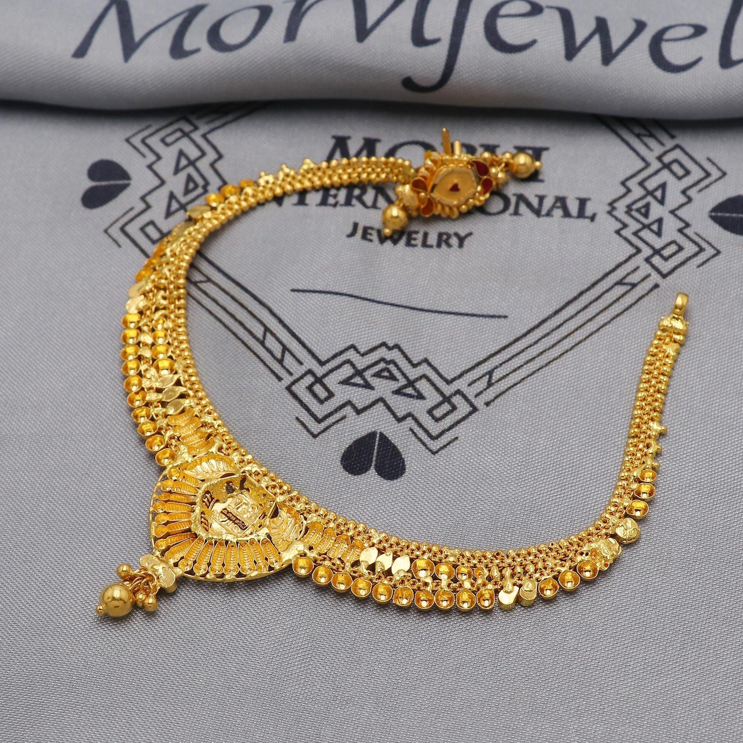 Stunning 22k Yellow Gold Choker Necklace Earrings Set Handmade Jewelry for Women, K6462