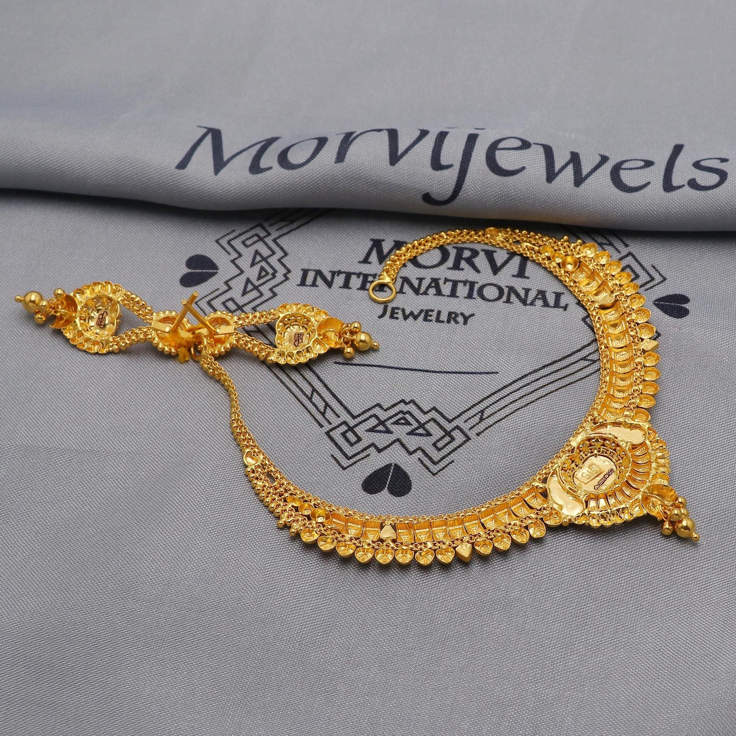 22k Yellow Gold Choker Necklace Earrings Set Handmade Jewelry for Women, K6463