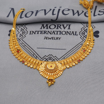 22k Yellow Gold Choker Necklace Earrings Set Handmade Jewelry for Women, K6463