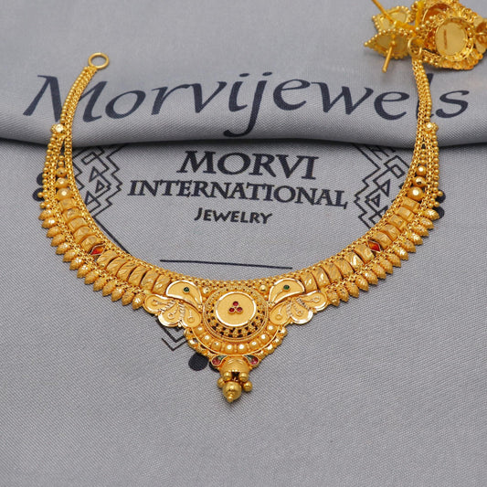 22k Yellow Gold Choker Necklace Earrings Set Handmade Jewelry for Women, K6464