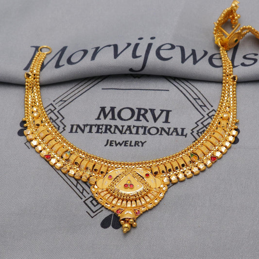 22k Yellow Gold Choker Necklace Earrings Set Handmade Jewelry for Women, K6466