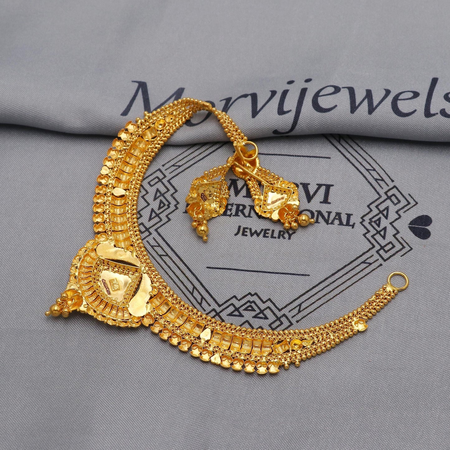22k Yellow Gold Choker Necklace Earrings Set Handmade Jewelry for Women, K6466