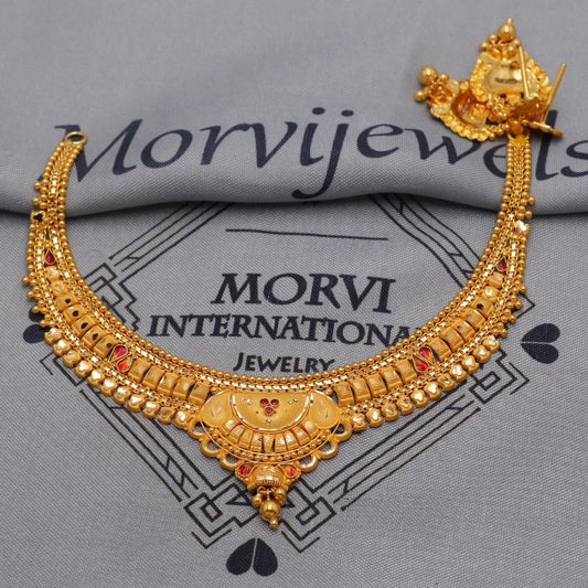 22k Yellow Gold Choker Necklace Earrings Set Handmade Jewelry for Women, K6468