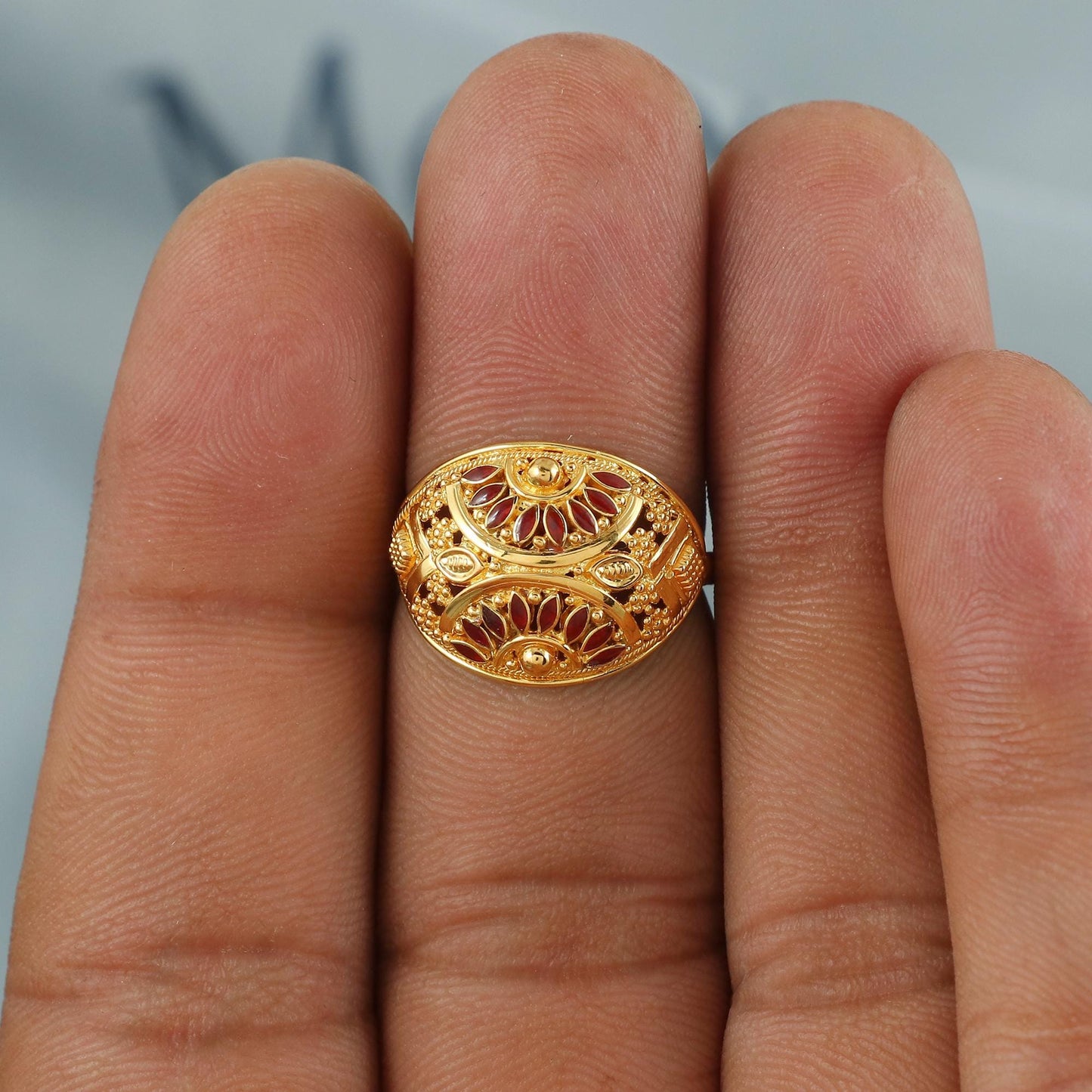Pure 22k Yellow Gold Ring Size 5 US and All, 22kt Women Gold Ring Jewelry, Indian Meena Design Gold Ring, Wedding Gold Ring, K6631