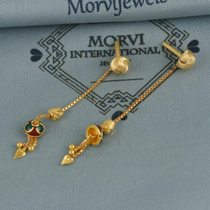 pure gold earrings with small chain chandelier 18k solid gold indian jewelry, K6635