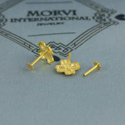Heart Flower 18k Gold Earrings, Gold small tiny earrings,
