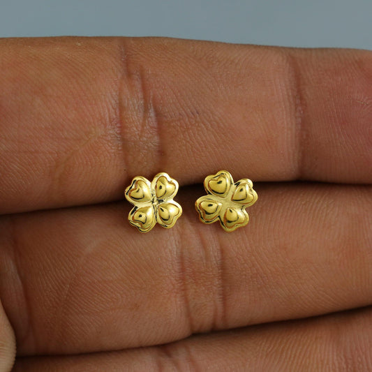 Heart Flower 18k Gold Earrings, Gold small tiny earrings,