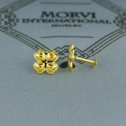 Heart Flower 18k Gold Earrings, Gold small tiny earrings,