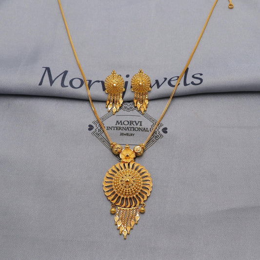 22k Yellow Gold Pendant Necklace Earrings Set, Indian Pure Gold Set, Indian Gold Jewelry, Wedding Indian Style Necklace, 22k gold event wear