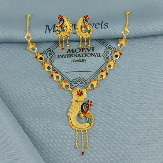 22k Yellow Gold Necklace Earrings Set, Peacock Indian Gold necklace, Indian Gold Jewelry, 22kt Gold Necklace, wedding Pure Gold Handmade