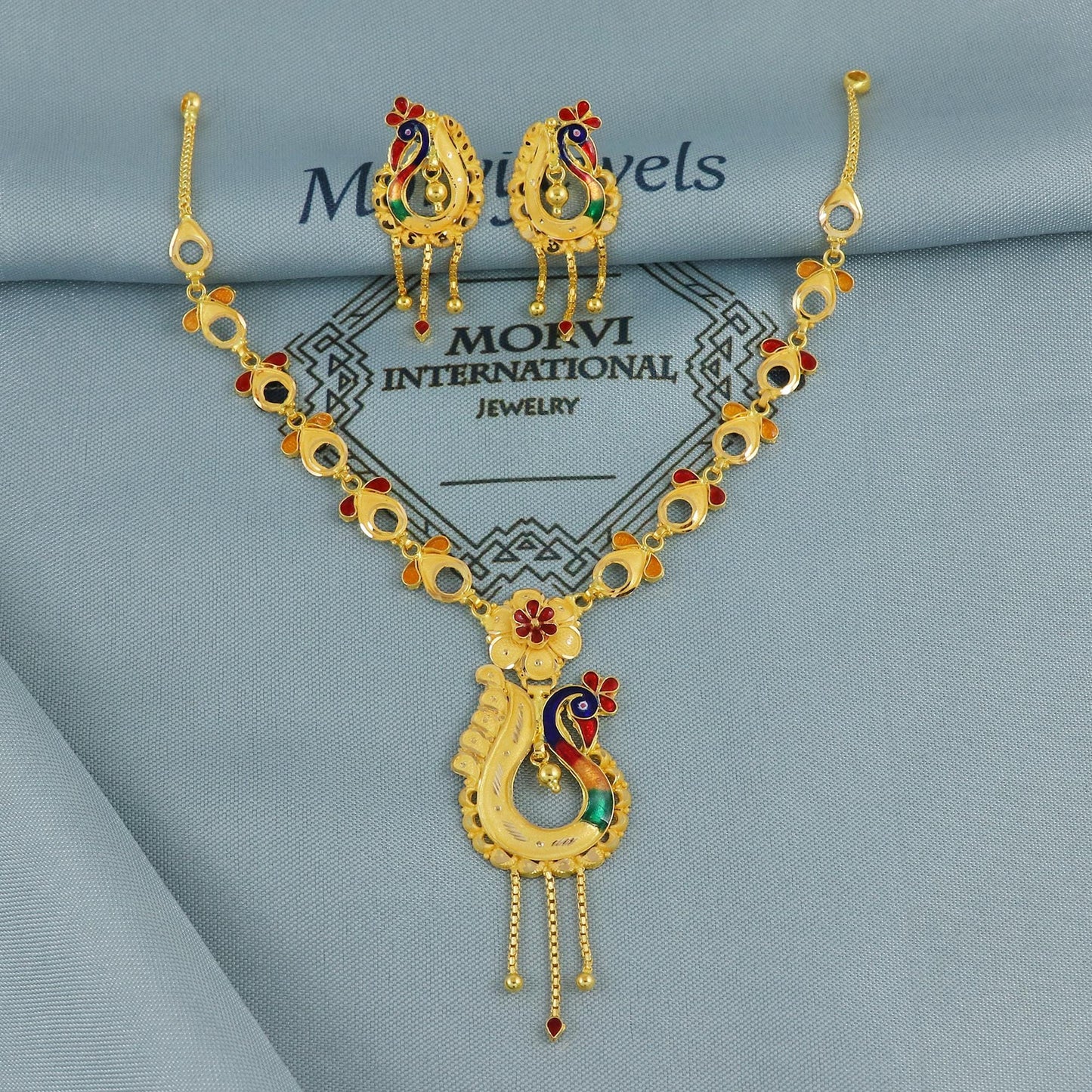 22k Yellow Gold Necklace Earrings Set, Peacock Indian Gold necklace, Indian Gold Jewelry, 22kt Gold Necklace, wedding Pure Gold Handmade