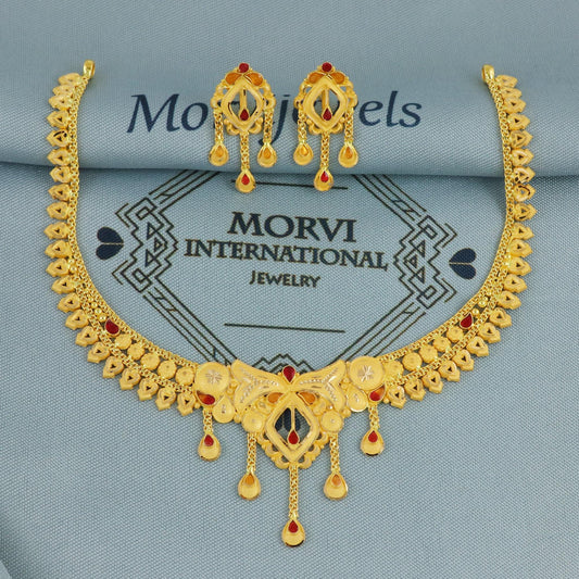 Real 22k Yellow Gold Necklace Earrings Set, Indian Gold necklace, Indian Gold Jewelry, 22kt Gold Necklace, Lightweight Gold Set Jewelry