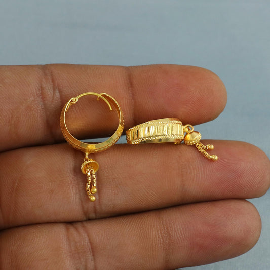 Pure 18k Yellow Gold Hoop Bali Huggies Earrings , Handmade Yellow gold chain earrings for women, dainty indian gold earrings gift
