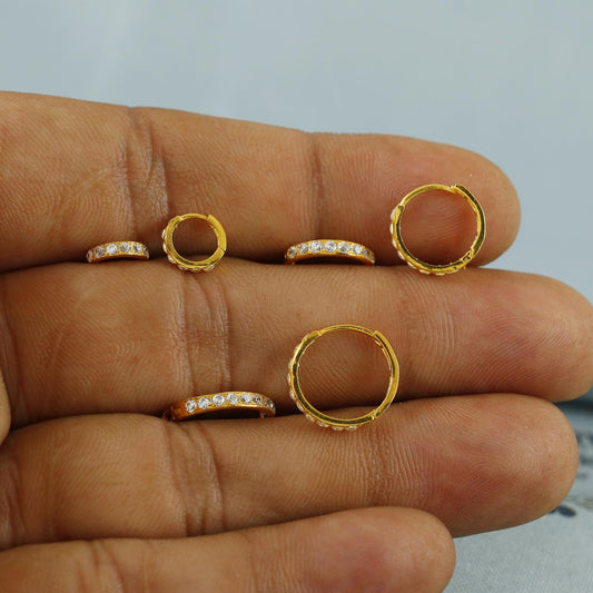 Real solid 22k Gold Earrings, 22kt gold earrings, Real gold hoop earrings, gold huggies, 22kt gold huggies, zircon huggie hoop,