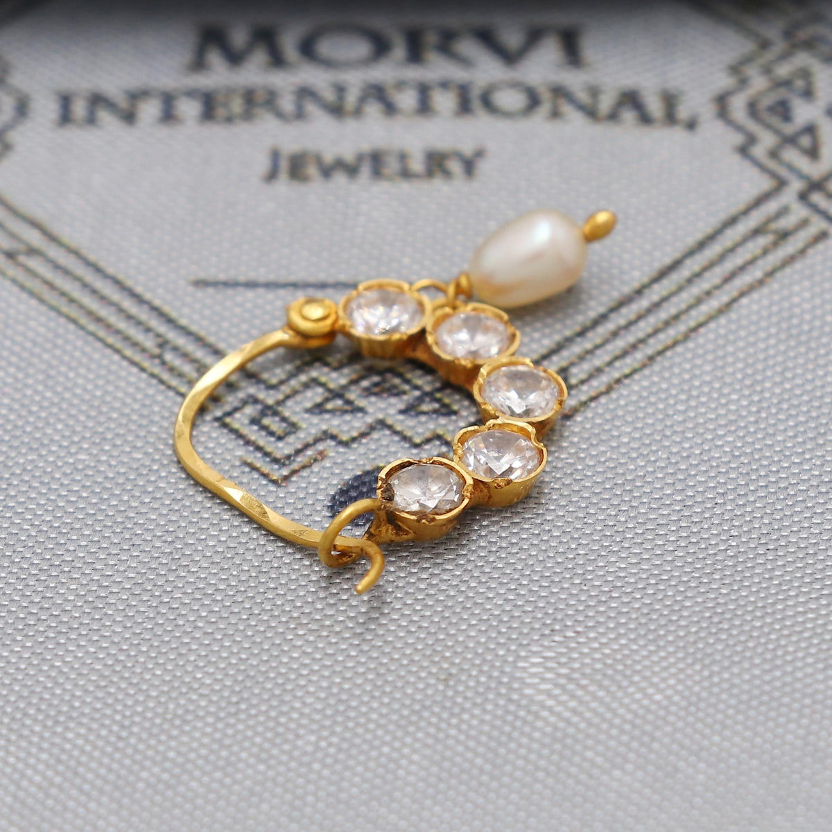 22kt 22k gold white zircon Pearl nose ring nath indian jewelry, K6566