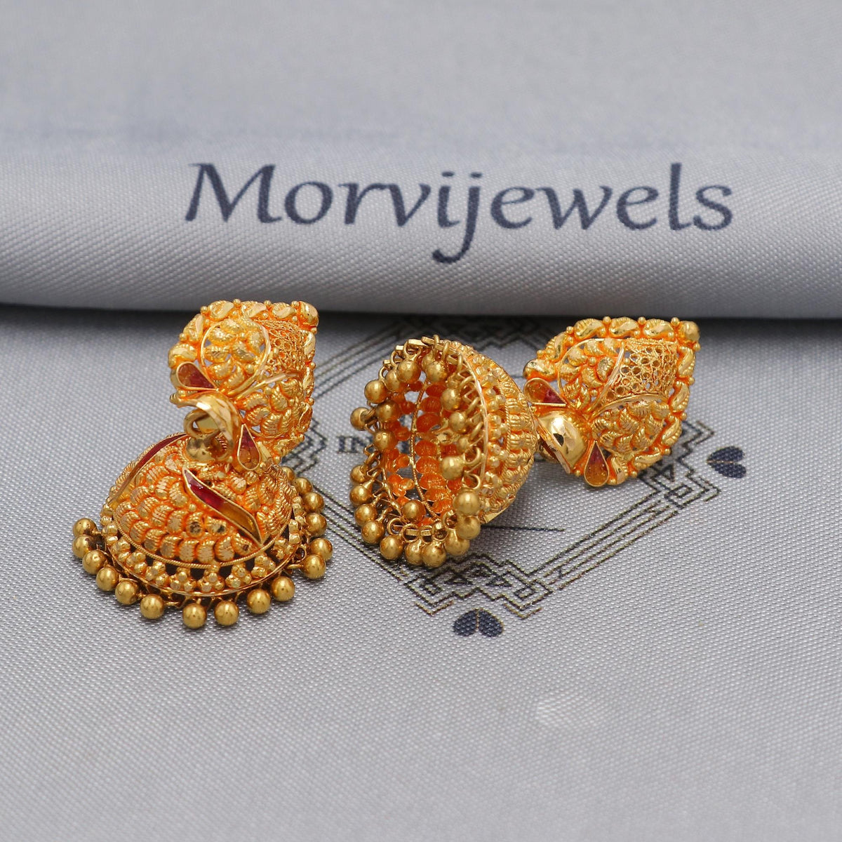 22k yellow gold earrings jhumka jewelry, handmade vintage Pure Traditional wedding indian style Jhumki Earrings Chandelier, K6569