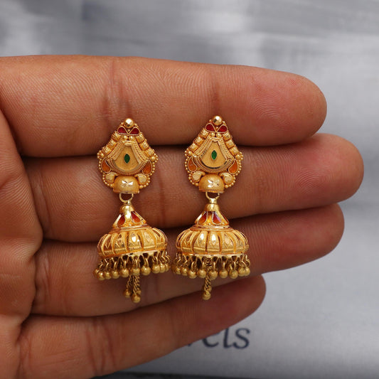 22k yellow gold earrings jhumka jewelry, handmade vintage Pure Traditional wedding indian style Jhumki Earrings Chandelier, K6570