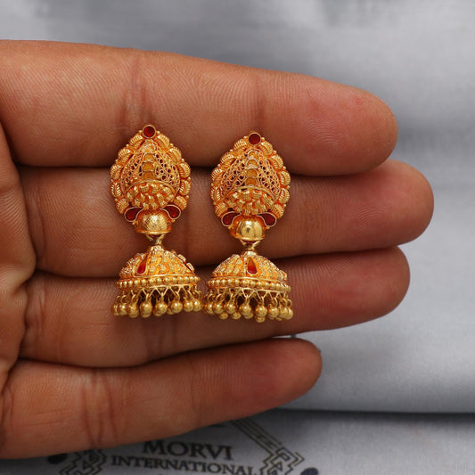 22k yellow gold earrings jhumka jewelry, handmade vintage Pure Traditional wedding indian style Jhumki Earrings Chandelier, K6572