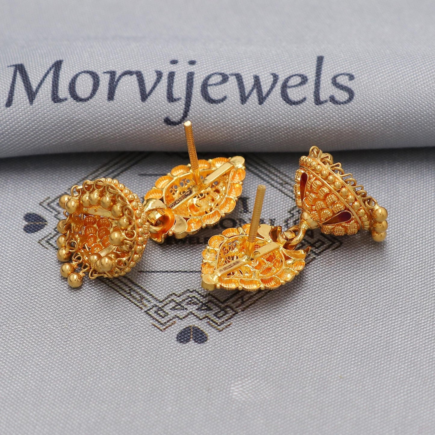 22k yellow gold earrings jhumka jewelry, handmade vintage Pure Traditional wedding indian style Jhumki Earrings Chandelier, K6572