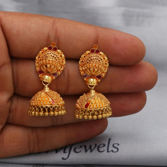 22k yellow gold earrings jhumka jewelry, handmade vintage Pure Traditional wedding indian style Jhumki Earrings Chandelier, K6573