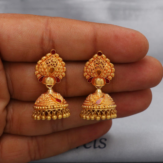 22k yellow gold earrings jhumka jewelry, handmade vintage Pure Traditional wedding indian style Jhumki Earrings Chandelier, K6574