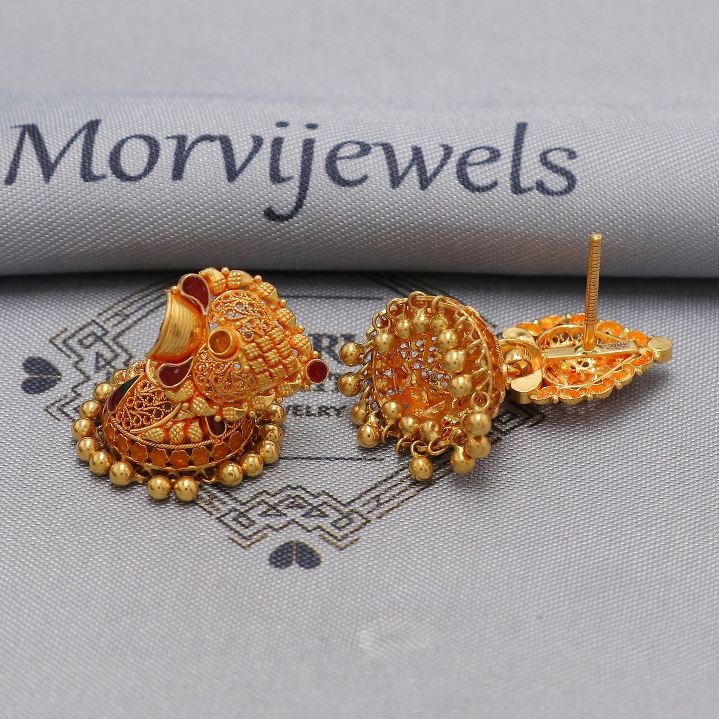 22k yellow gold earrings jhumka jewelry, handmade vintage Pure Traditional wedding indian style Jhumki Earrings Chandelier, K6575