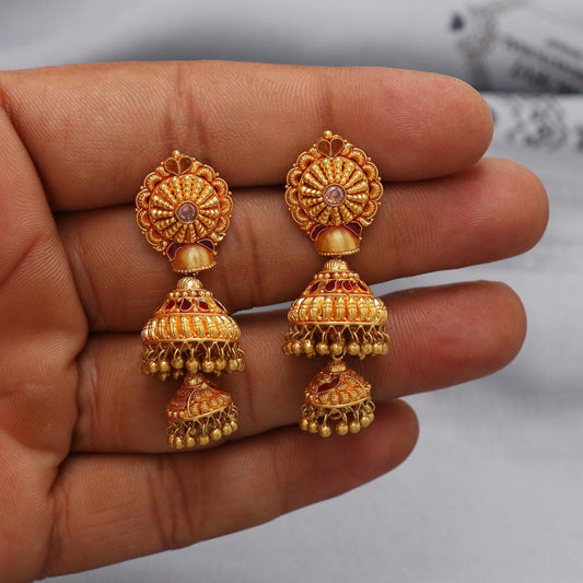 22k yellow gold earrings jhumka jewelry, handmade vintage Pure Traditional wedding indian style Jhumki Earrings Chandelier, K6576