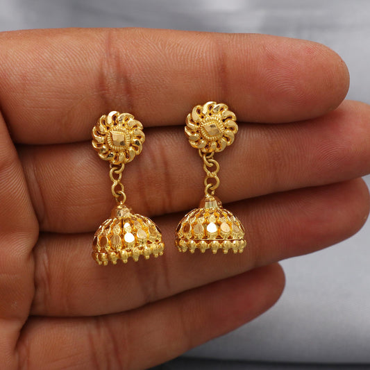 Small 22k yellow gold earrings stud with dangling , handmade vintage Pure Traditional wedding indian style Jhumki Earrings Chandelier, K6578