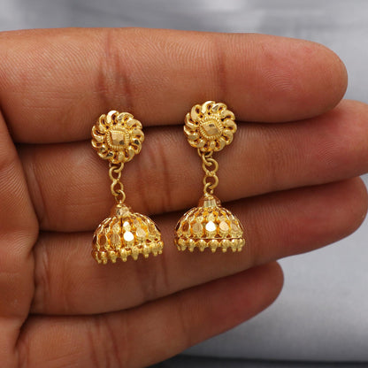 Small 22k yellow gold earrings stud with dangling , handmade vintage Pure Traditional wedding indian style Jhumki Earrings Chandelier, K6578