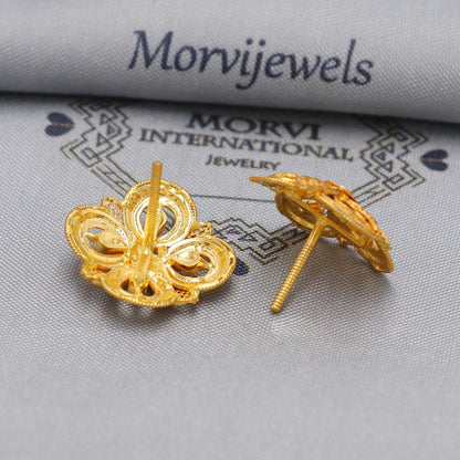 22k Yellow Gold earrings stud tops filigree star flower, vintage antique design indian gold earrings jewelry