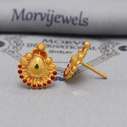 22k Yellow Gold earrings stud tops flower, vintage antique design indian gold earrings jewelry, K6582