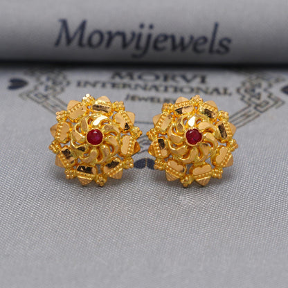 22k Yellow Gold earrings stud tops flower, vintage antique design indian gold earrings jewelry, K6583