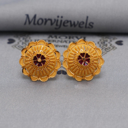 22k Yellow Gold earrings stud tops flower, vintage antique design indian gold earrings jewelry, K6586