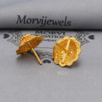 22k Yellow Gold earrings stud tops flower, vintage antique design indian gold earrings jewelry, K6586