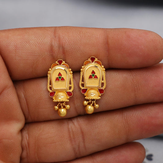 22k Gold Stud Dangle Earrings  , Handmade Yellow gold earrings for women, vintage antique design indian gold earrings jewelry
