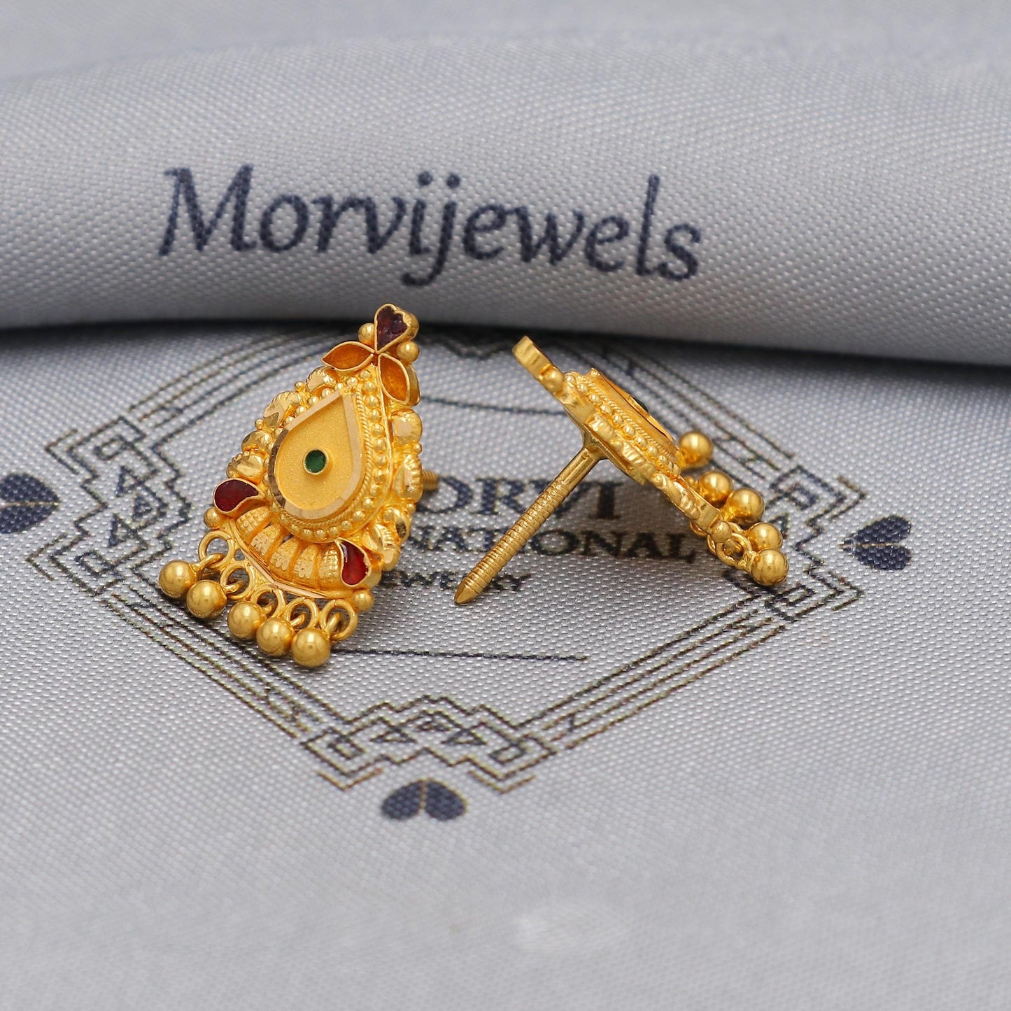 22k Gold Stud Earrings with dangling beads , Handmade Yellow gold earrings for women, vintage antique design indian gold earrings jewelry