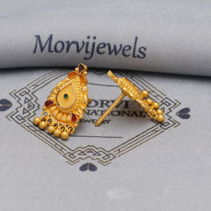 22k Gold Stud Earrings with dangling beads , Handmade Yellow gold earrings for women, vintage antique design indian gold earrings jewelry