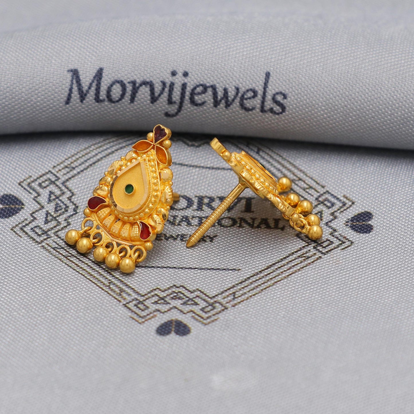 22k Gold Stud Earrings with dangling beads , Handmade Yellow gold earrings for women, vintage antique design indian gold earrings jewelry