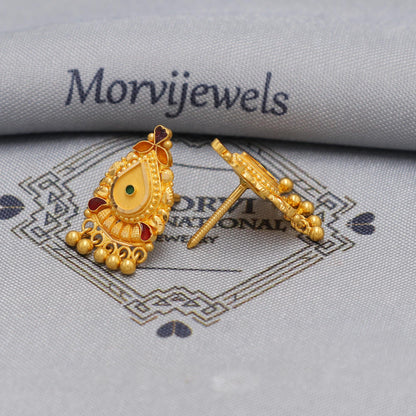 22k Gold Stud Earrings with dangling beads , Handmade Yellow gold earrings for women, vintage antique design indian gold earrings jewelry