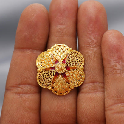 Red Enamel 22k Yellow Gold Ring, Women Gold Ring Jewelry, Indian Vintage Design Gold Ring, Filigree Wedding Gold Rajasthani Ring, K6620