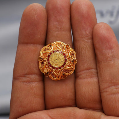 22k Yellow Gold Ring Size 7 US and All, Princess Women Gold Ring Jewelry, Indian Vintage Antique Design Gold Ring, Wedding Gold Flower Ring,