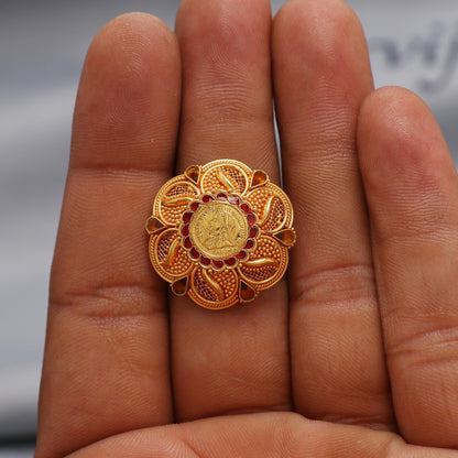 22k Yellow Gold Ring Size 7 US and All, Princess Women Gold Ring Jewelry, Indian Vintage Antique Design Gold Ring, Wedding Gold Flower Ring,