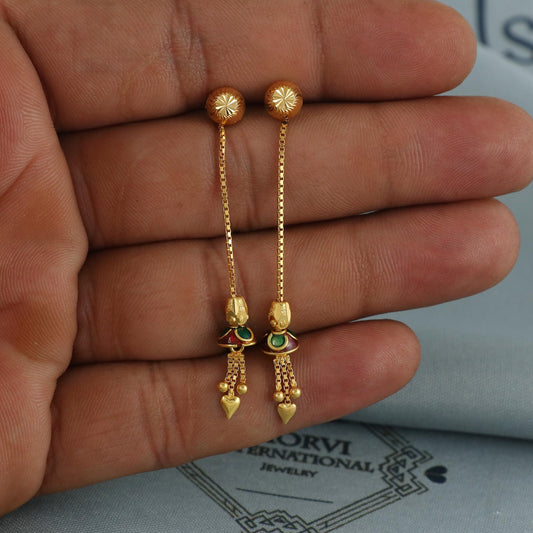 pure gold earrings with small chain chandelier 18k solid gold indian jewelry, K6635