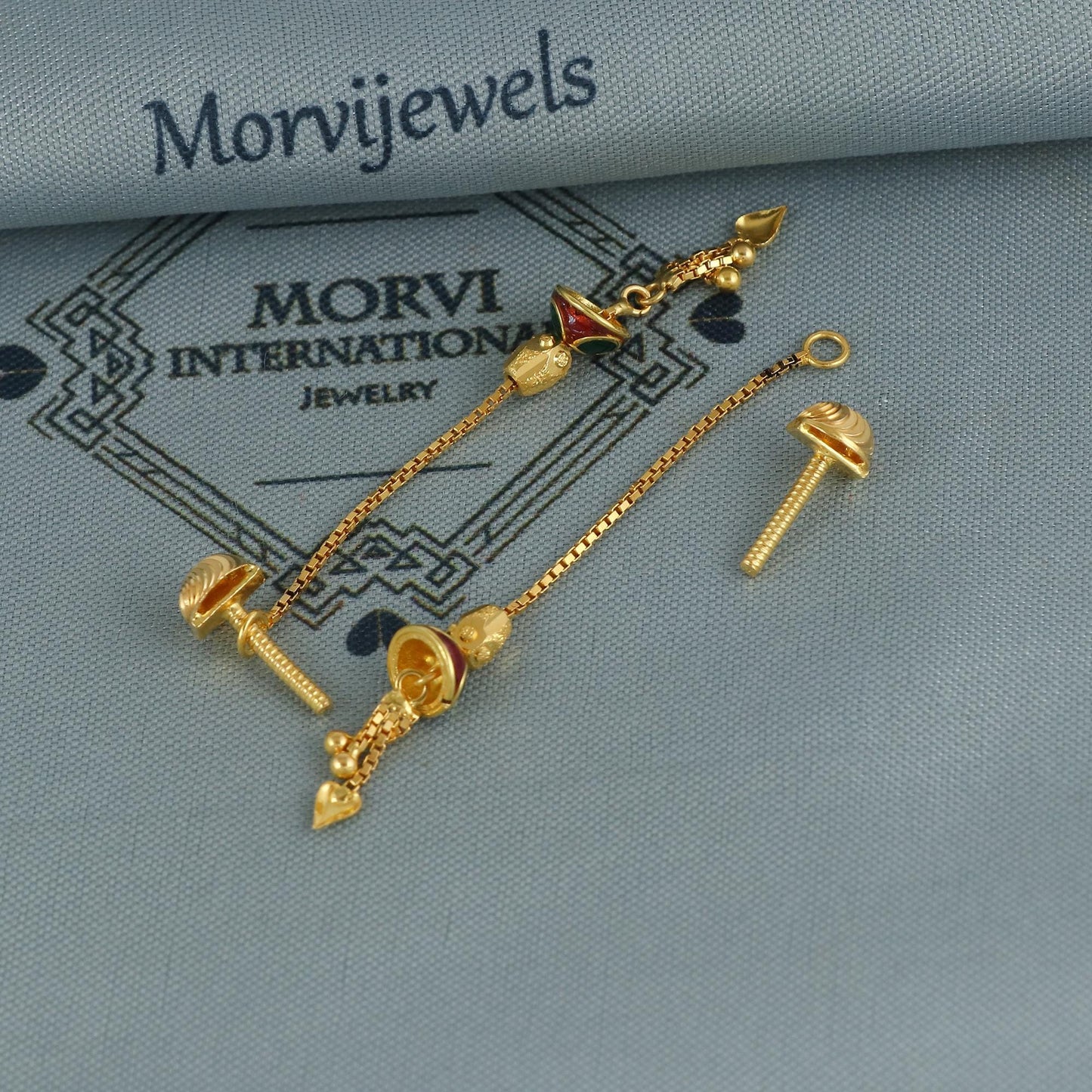 pure gold earrings with small chain chandelier 18k solid gold indian jewelry, K6635