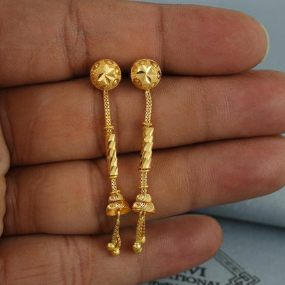 22k Yellow Gold Dangle Stud long Earrings Jewelry with chains , Vintage Tribal Traditional handmade jewelry, Made In India, K6684
