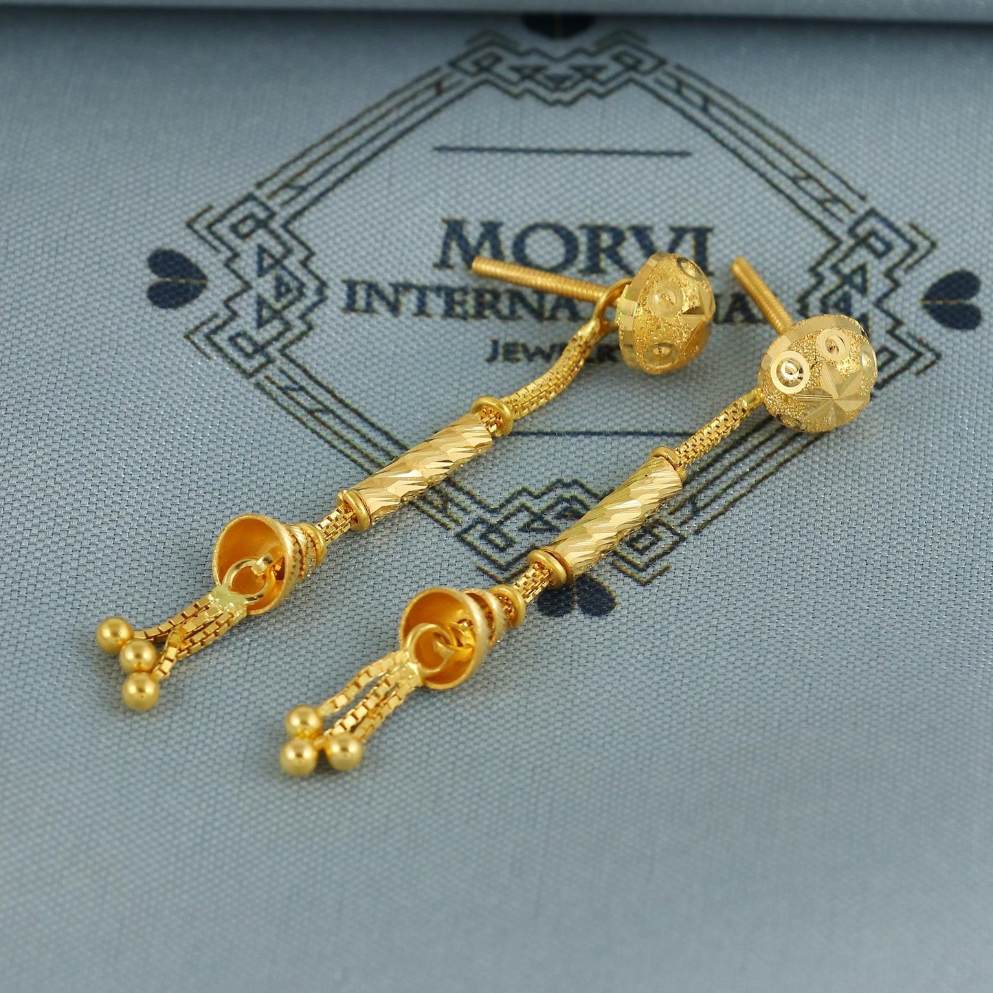 22k Yellow Gold Dangle Stud long Earrings Jewelry with chains , Vintage Tribal Traditional handmade jewelry, Made In India, K6684