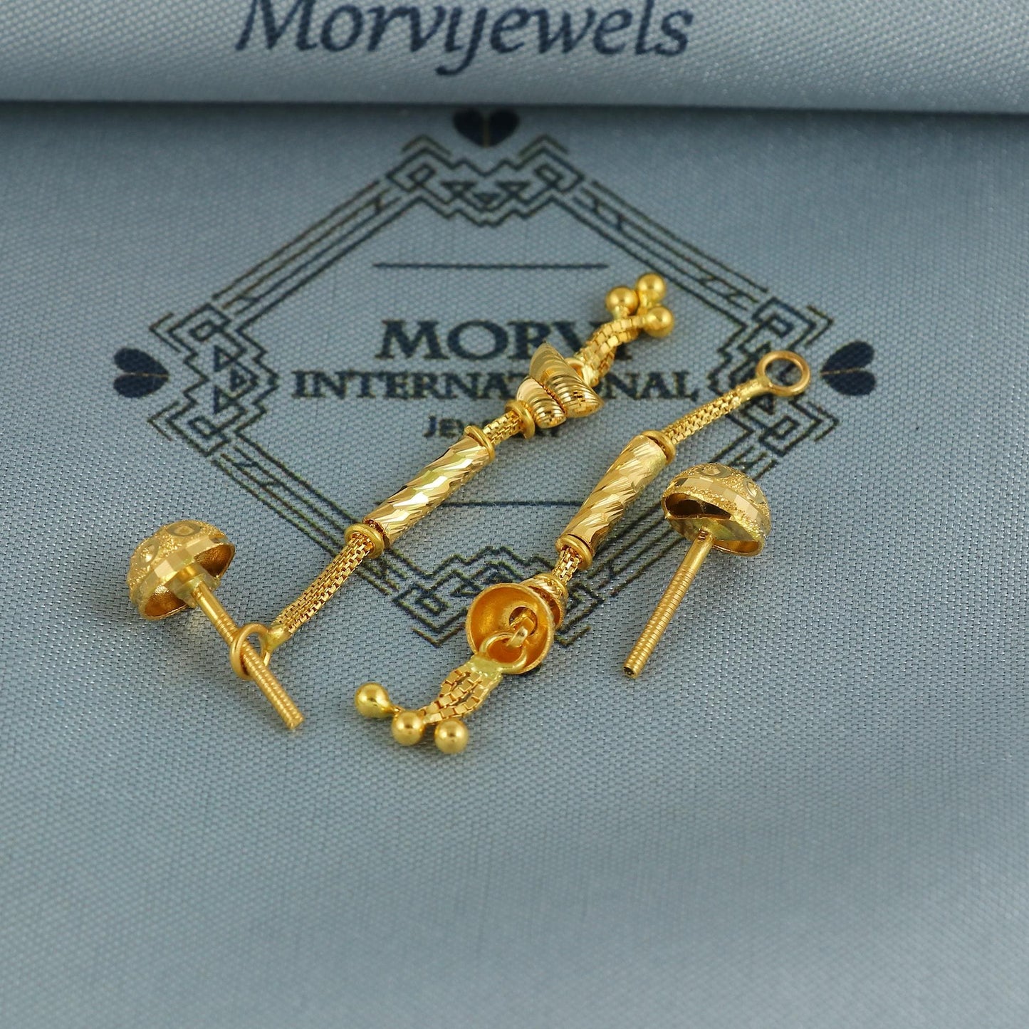 22k Yellow Gold Dangle Stud long Earrings Jewelry with chains , Vintage Tribal Traditional handmade jewelry, Made In India, K6684