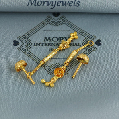 22k Yellow Gold Dangle Stud long Earrings Jewelry with chains , Vintage Tribal Traditional handmade jewelry, Made In India, K6684