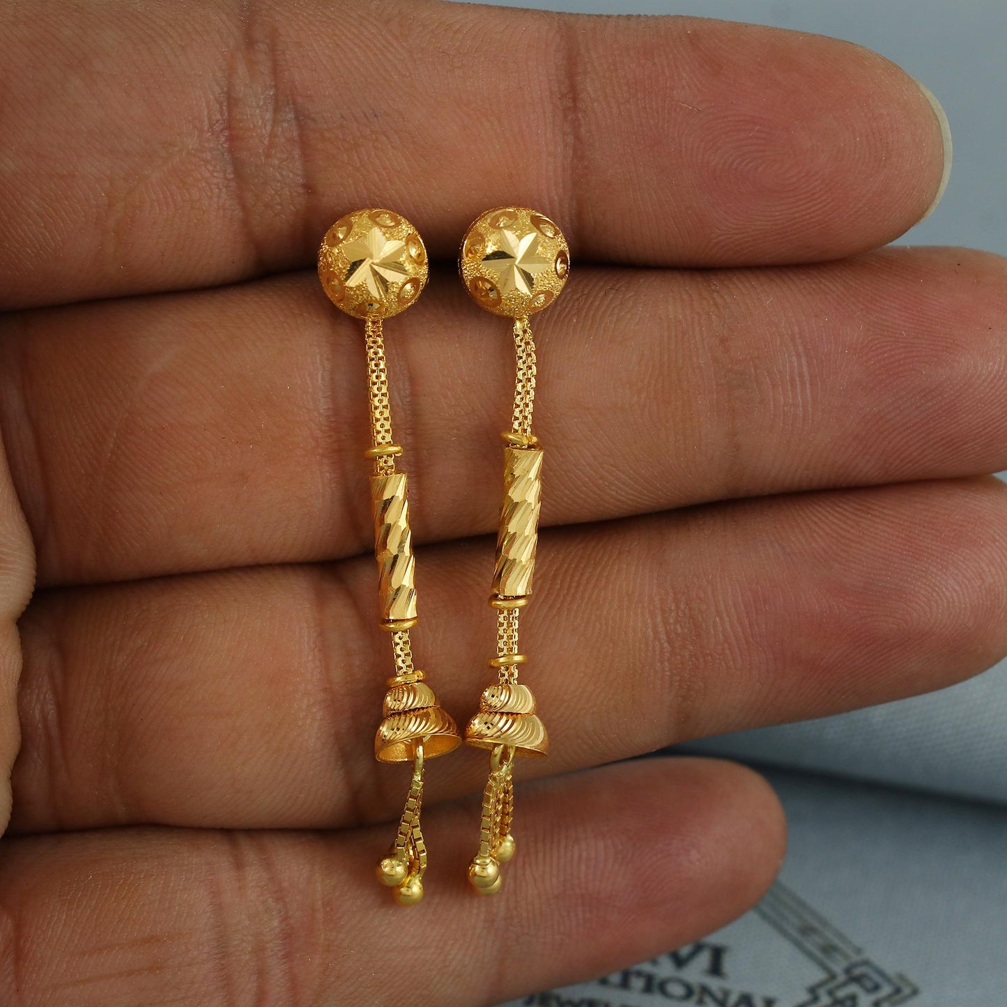 22k Yellow Gold Dangle Stud long Earrings Jewelry with chains , Vintage Tribal Traditional handmade jewelry, Made In India, K6684