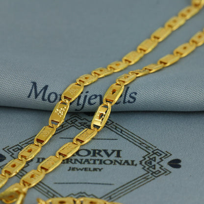 Hand Carved 22K Gold Rectangular Flat Links Chain Men Women Handmade Vintage Antique Chain Necklace, 22kt Gold Jewelry for Gift, K6685